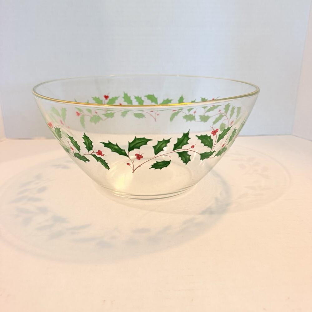 ARC Made On France Christmas Bowl With Holly Berrys Clear With Gold Rim 9”